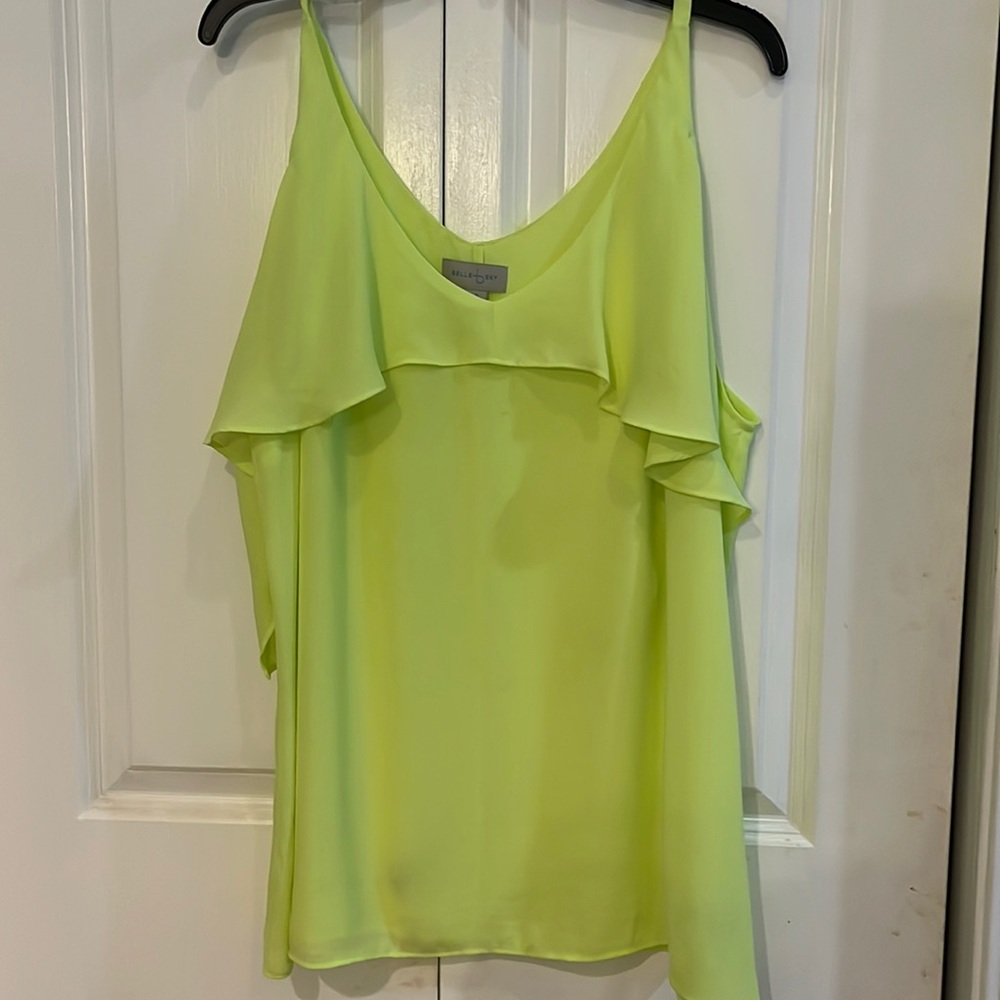 Neon yellow cold shoulder blouse. Size XL. Ruffle on top with flowy sleeves.